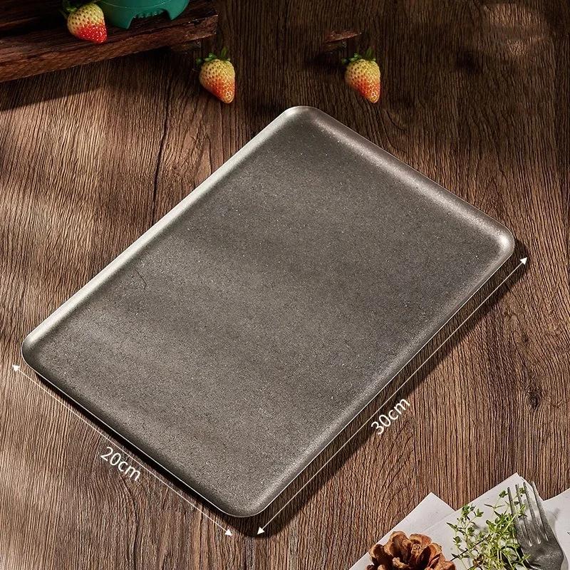 Vintage 304 Stainless Steel Snowflake Silver Square Tray Round Edge Dinner Plate Dessert Grill Tray Steak Plate Decorative Tray