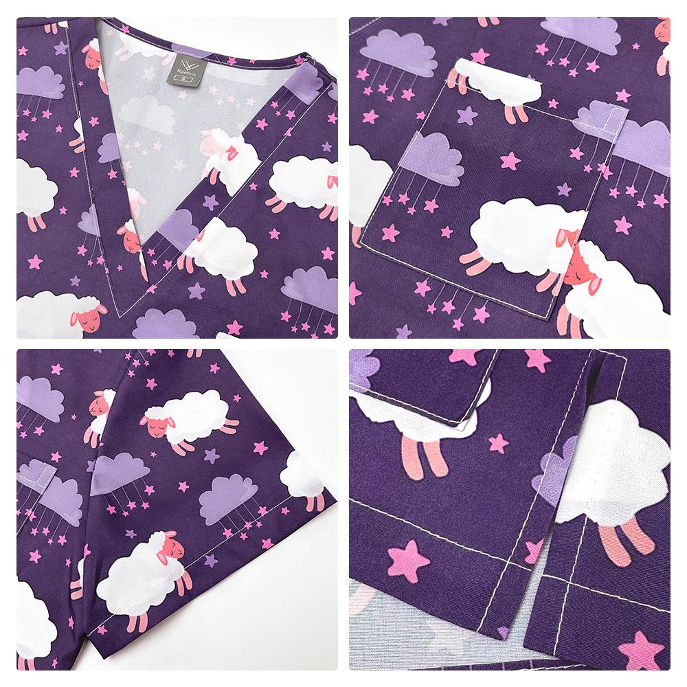 Flerfärgade Joggingdräkter Läkare Sjuksköterskeuniformer Kortärmade V-ringade Toppar Fickbyxor Sjuksköterskeskrubbar Set Medicinska Kliniska Kläder