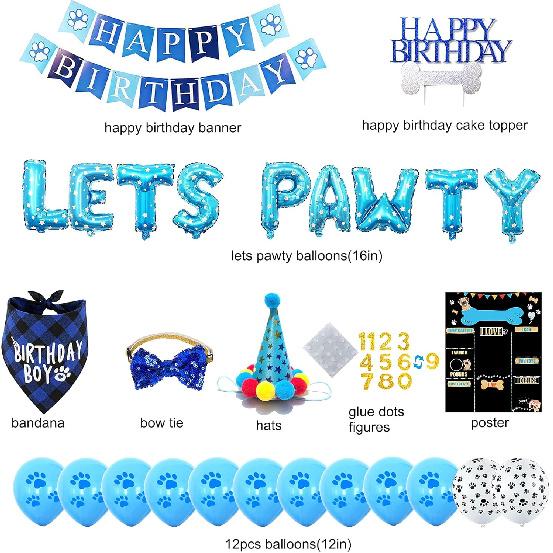Dog Birthday Party Supplies, Blue Dog Birthday Decorations, Lets Pawty Balloons Banner, Dog Baday Bandana Hat Scarfs