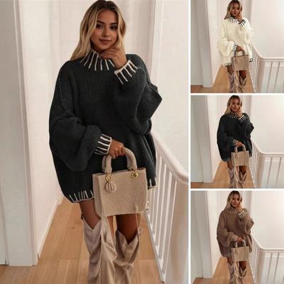 Women Oversized Pullover Sweater Turtleneck Long Sleeve Patchwork Color Winter Knitting Tops Loose Fit Thickened Knit Jumper Tops