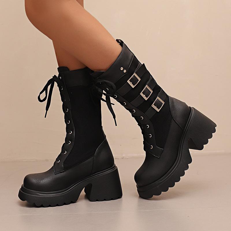 Hebilla de Cinturón de Metal Tubo Mediano Botas de Moda Suela Gruesa Muffin Botas Casuales Botas Martin Talla Grande 40-45 Botas