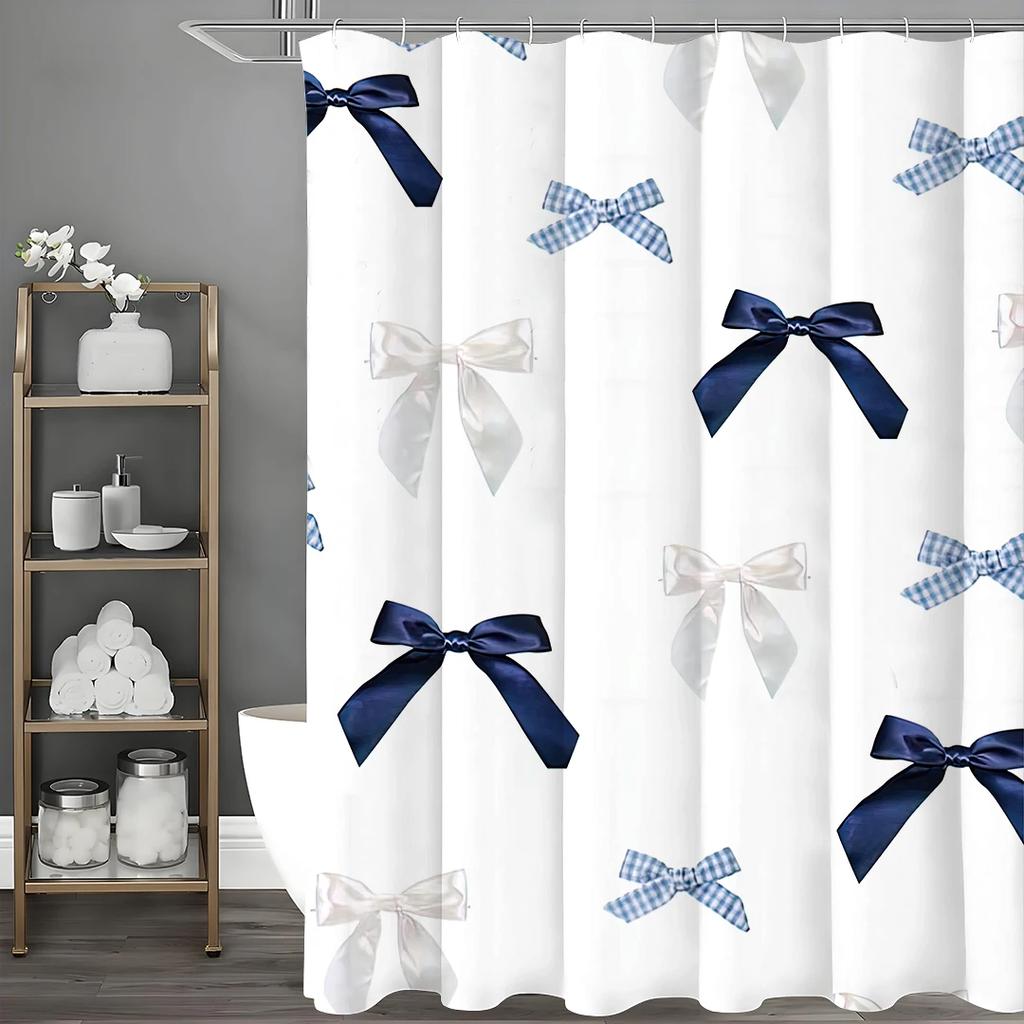 Bowtie Blue White Blue and White Checkered Shower Curtain, Bathroom Decorative Shower Curtain, Waterproof Shower Curtain with Ho