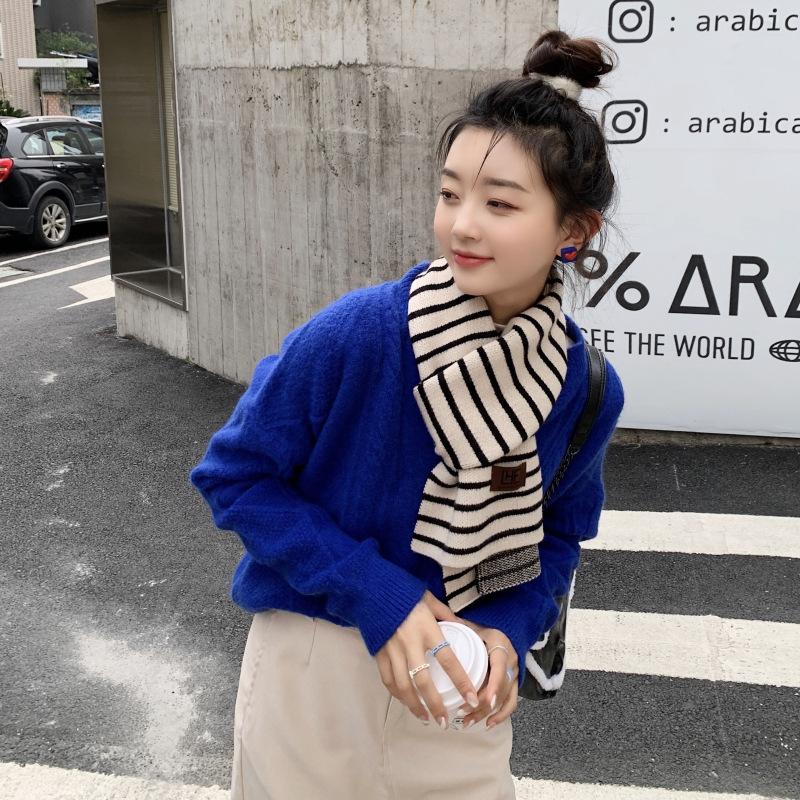 Chic style cute soft sister wool small scarf women's autumn and winter retro horizontal strip Korean version short thickened student scarf