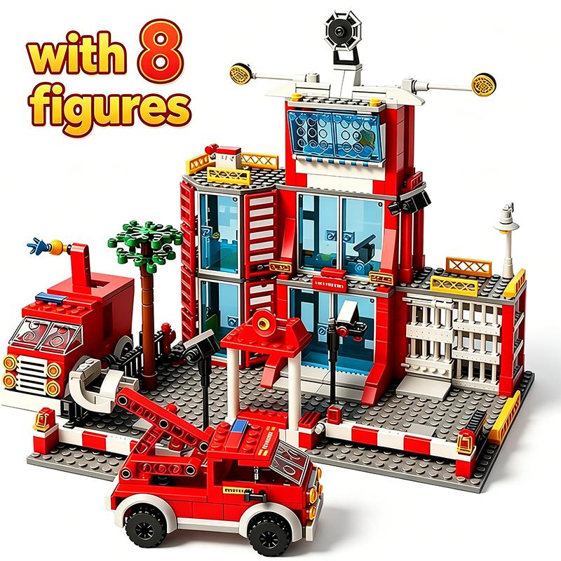Urban Brick Playset Fire Station Brick Playset Fire Truck Brick Playset DIY Block Bricks Childrens Toys  Playsets Christmas Holiday Gift Present