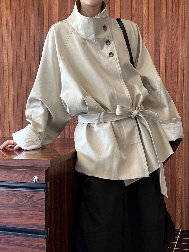 Luxi Women's 2024 Autumn Slimming Trench Coat with Stand Collar & Drawstring