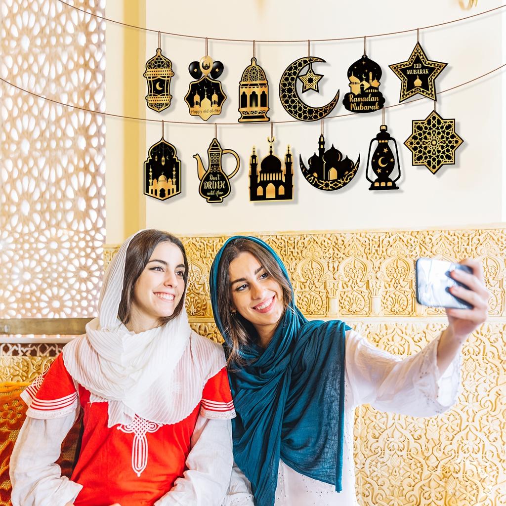24pcs Ramadan Eid Mubarak Hanging Ornaments, Black Golden Star Moon Lantern, Wooden Islamic Festival Decor, Eid Al-Fitr Home Wall Decorations