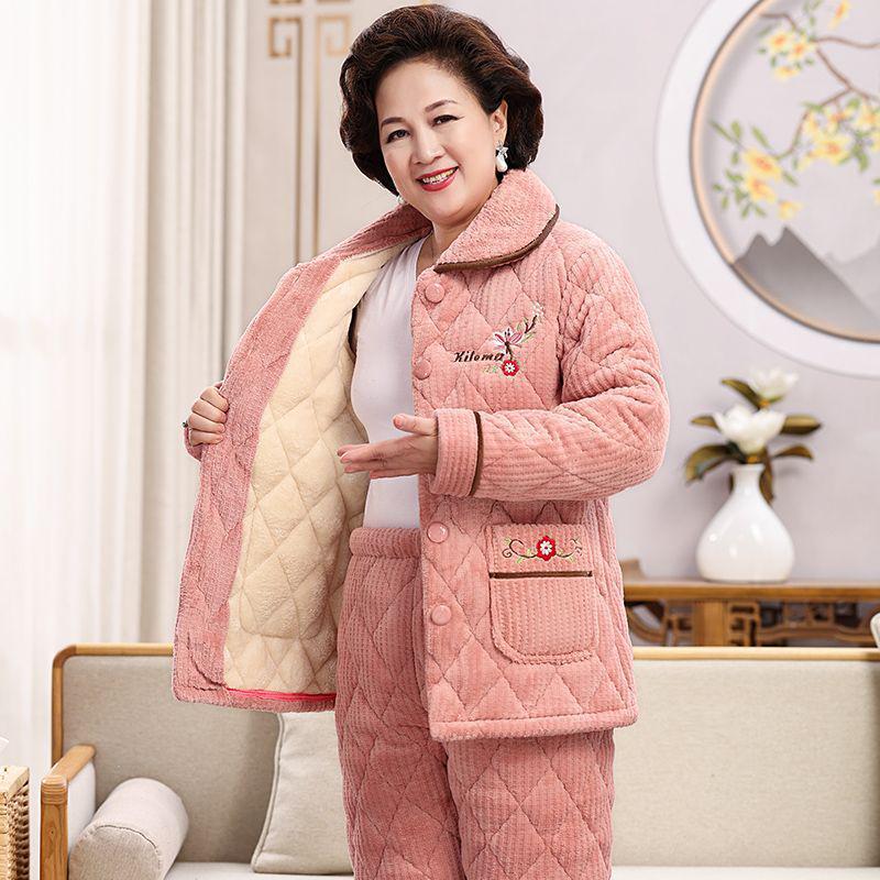 Women's Super Thick Three-Layer Velvet Pajamas - Winter Coral Fleece Quilted Homewear for Adults