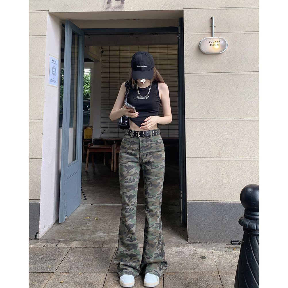 Retro Camouflage Jeans for Women New Slim Fit Floor-length Slightly Flared Pants