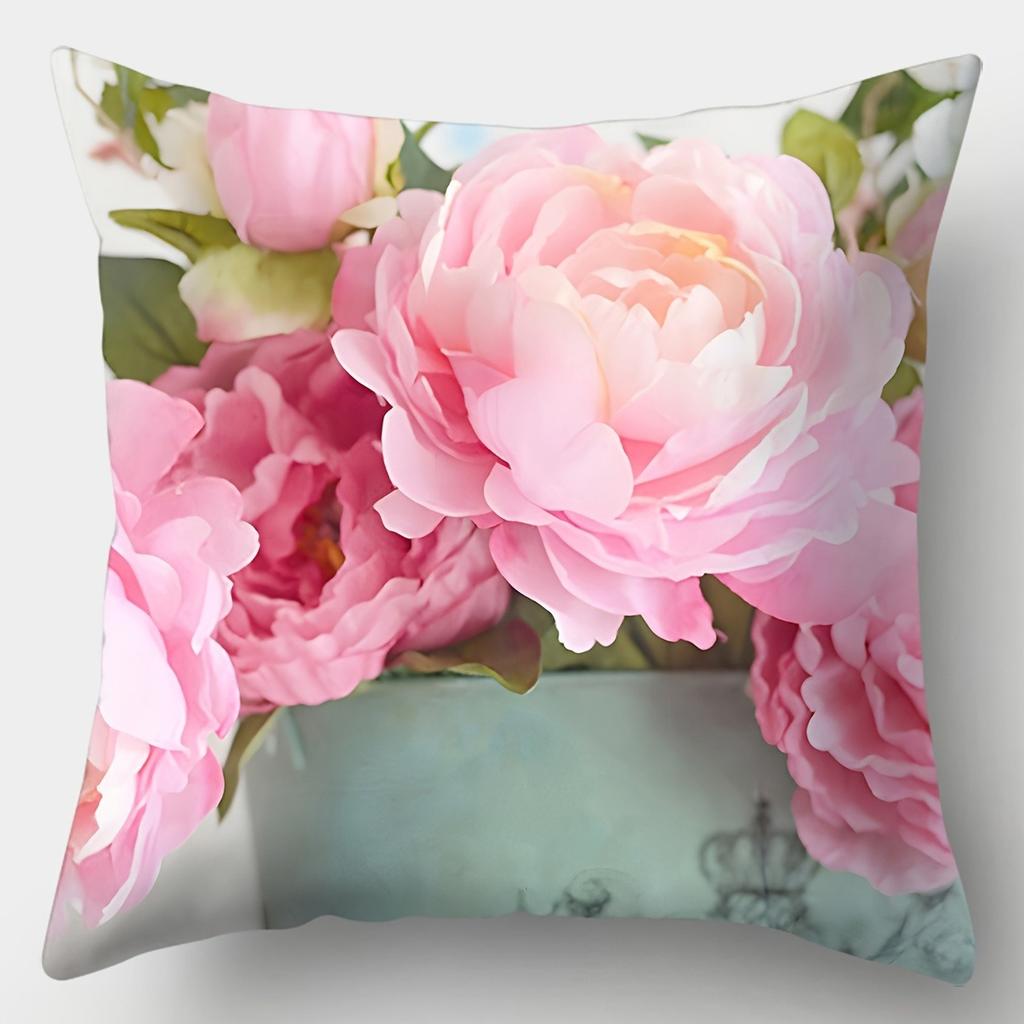 Pink Flower Print Pillowcase ,Sofa Bedroom Cushion Cover, Single-sided Printing, Without Pillow Core
