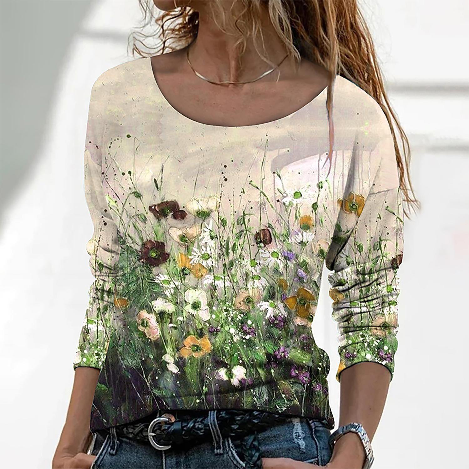 

Весенне-осенние футболки с круглым вырезом и 3D-принтом с цветочной живописью, модные повседневные женские футболки с длинным рукавом XXL