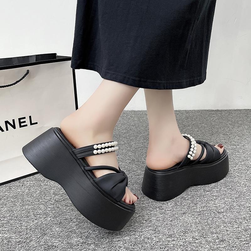Fashion 8CM Heels Wedge Slides Sandals Women Casual Outdoor Slippers Female Summer Non Slip Beach Slippers Walking Chunky Shoes Woman
