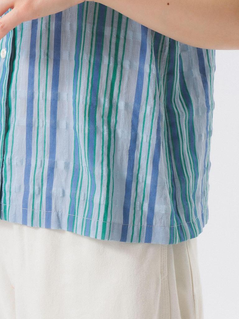 Beams Boy Women's Striped Ruffle Short Sleeve S/S Shirt, Blue, Free Size