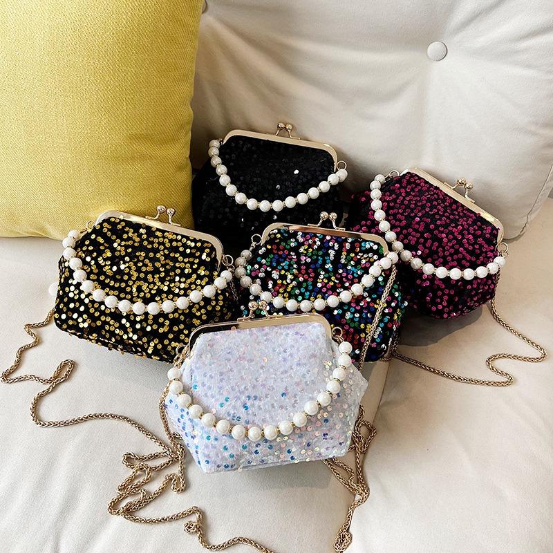 Spring new dinner bag clip sequin bag pearl chain women's bag oblique span shoulder bag shell bag