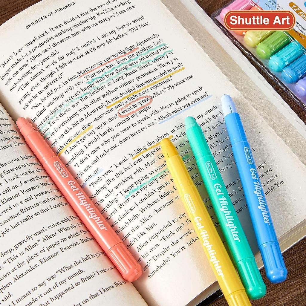 Shuttle Art Highlighter Pastel Solid Fluorescent Fluorescent Light Retractable Gel with Clear for Marking Convenient Storage Pens, Colors, 12-Color