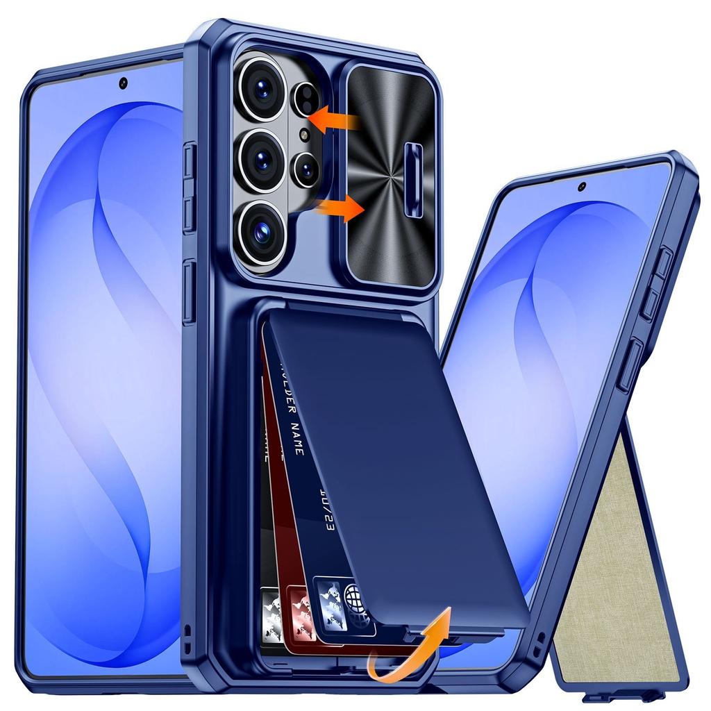 With Card Holder Sliding Camera Cover and Stand for Samsung Galaxy S26 S25 S24 Ultra Phone Case, Anti-Fall PC+TPU Wallet Case
