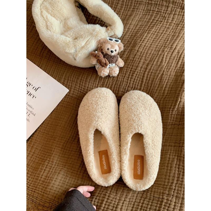 Wool version bag head, one pedal, velvet warm cotton shoes, women's half slippers, lazy fluffy shoes