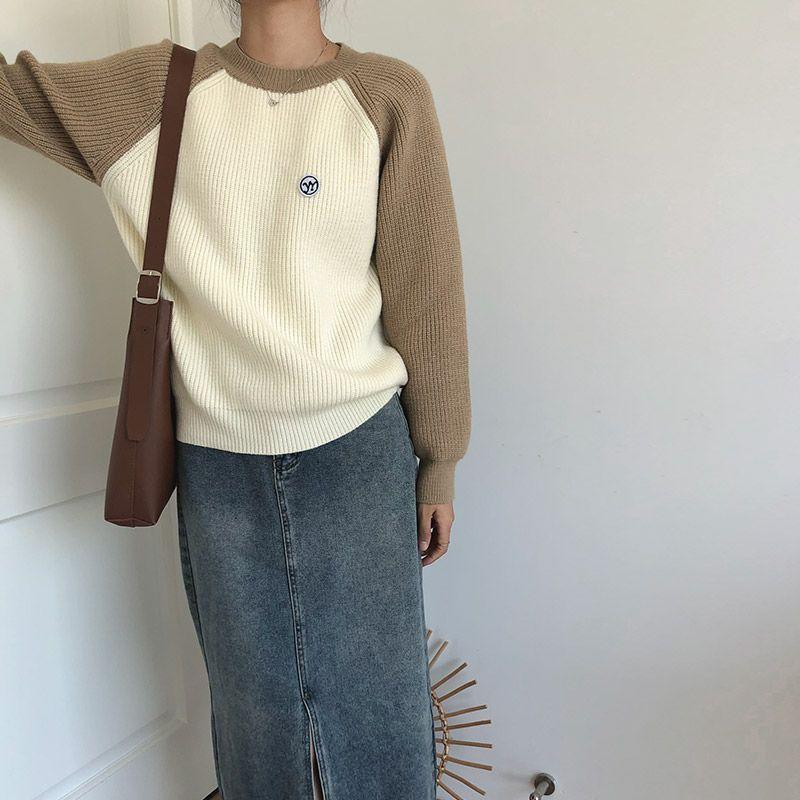 Women's Color-Block Crew Neck Raglan Sleeve Sweater Loose Outer-Wear Thickened Long-Sleeve Top Versatile Knitwear for Autumn & Winter