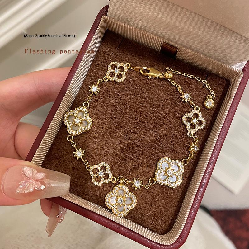 Adjustable Four-Petal Zircon Flower Bracelet - Elegant Hand Jewelry for Women, 2026