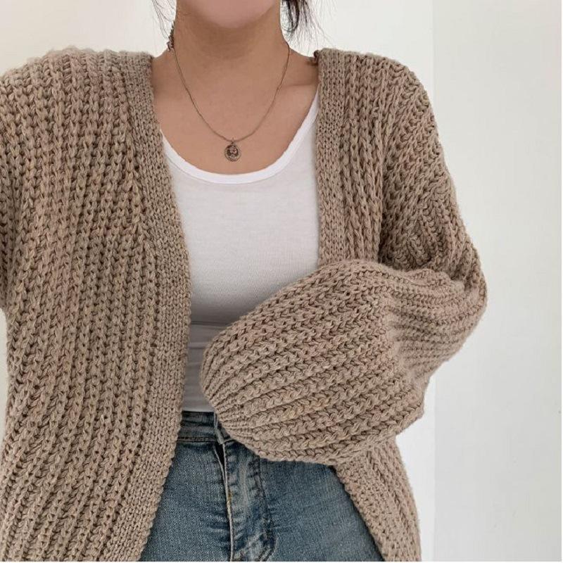 2024 autumn new lazy style versatile loose casual solid color lantern sleeve knitted cardigan sweater women