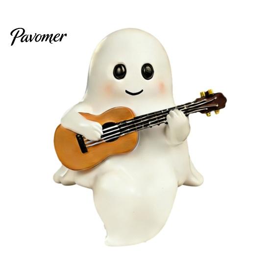 Literary Reading Ghost Decor Halloween Figurine with LED Light, Resin Witch Hat Statue Decorative Guitar/Book, Cute Luminous Sculpture for Home