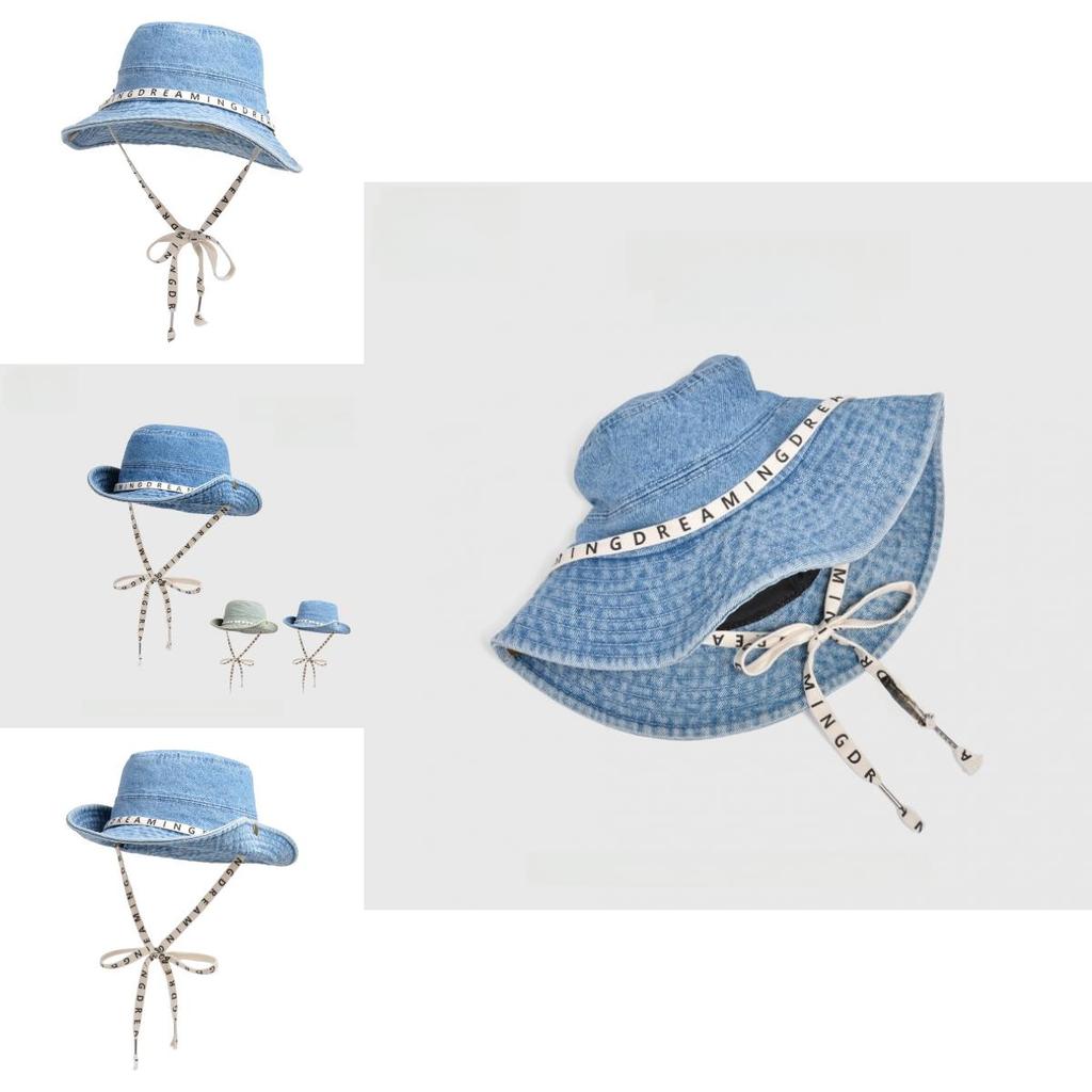Summer Fashion Letter Strap Wide Brim Denim Fisherman Hat With Sun Protection For Women