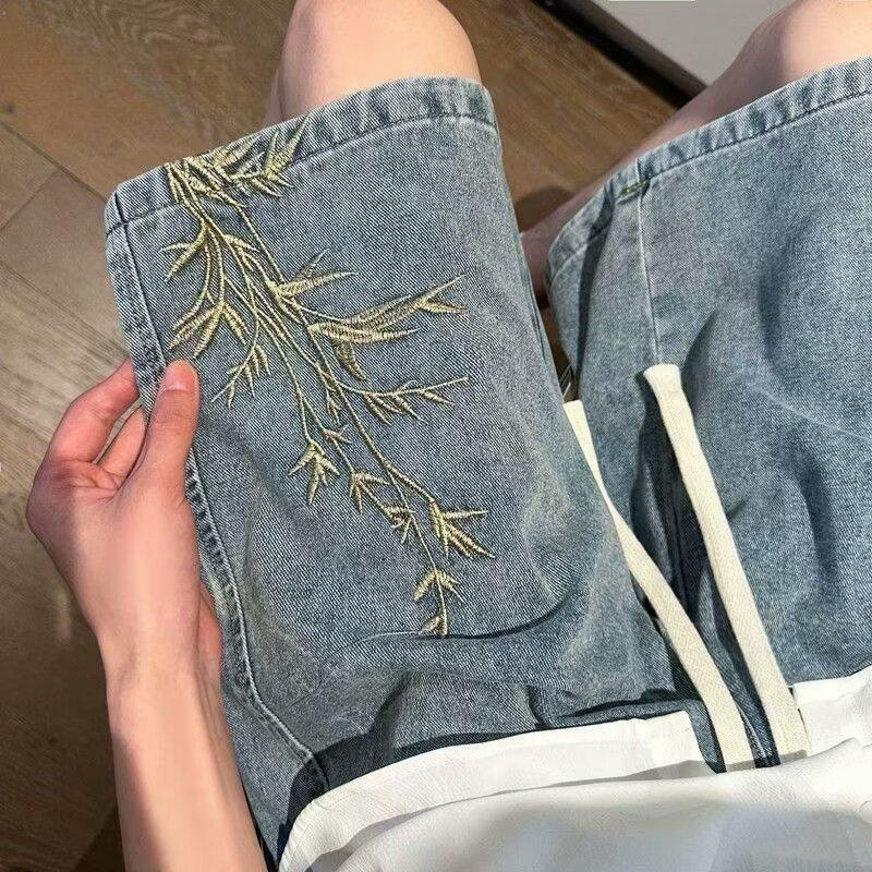 Men's Summer Chinese Style Embroidered Denim Shorts - Lightweight, Loose, Versatile, Mid-Length.