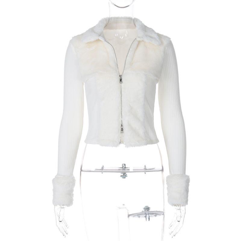 

Gusty Pure Desire Sexy Milky White Fur Patchwork Double Zipper Niche Style Knitwear 25 Early Spring Sweet All-Matching Tops White S