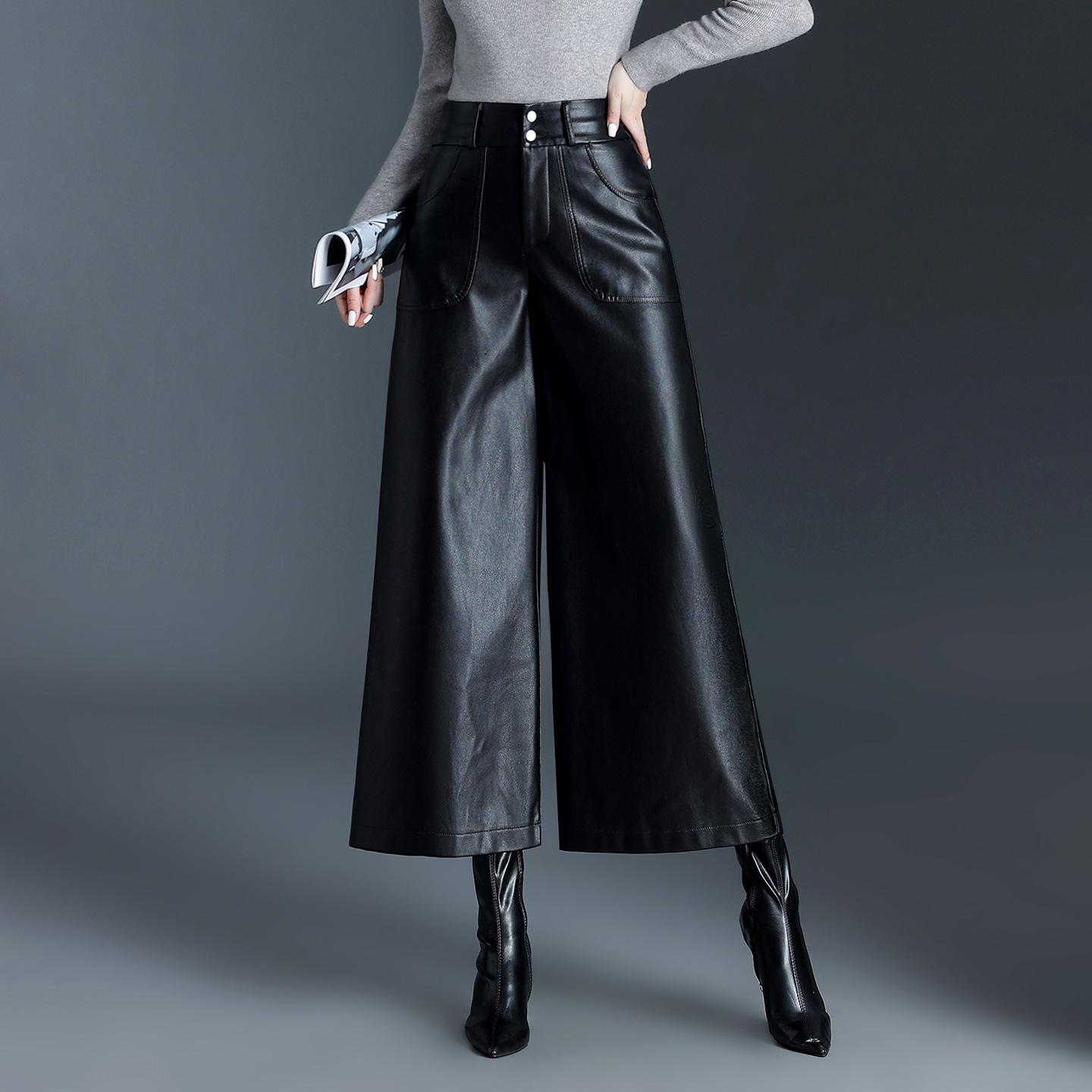 

Women s Stylish PU Leather Wide-Leg Cropped Pants - 2025 Autumn/Winter Collection: Casual Flattering Draped Straight-Leg Fit. XXL
