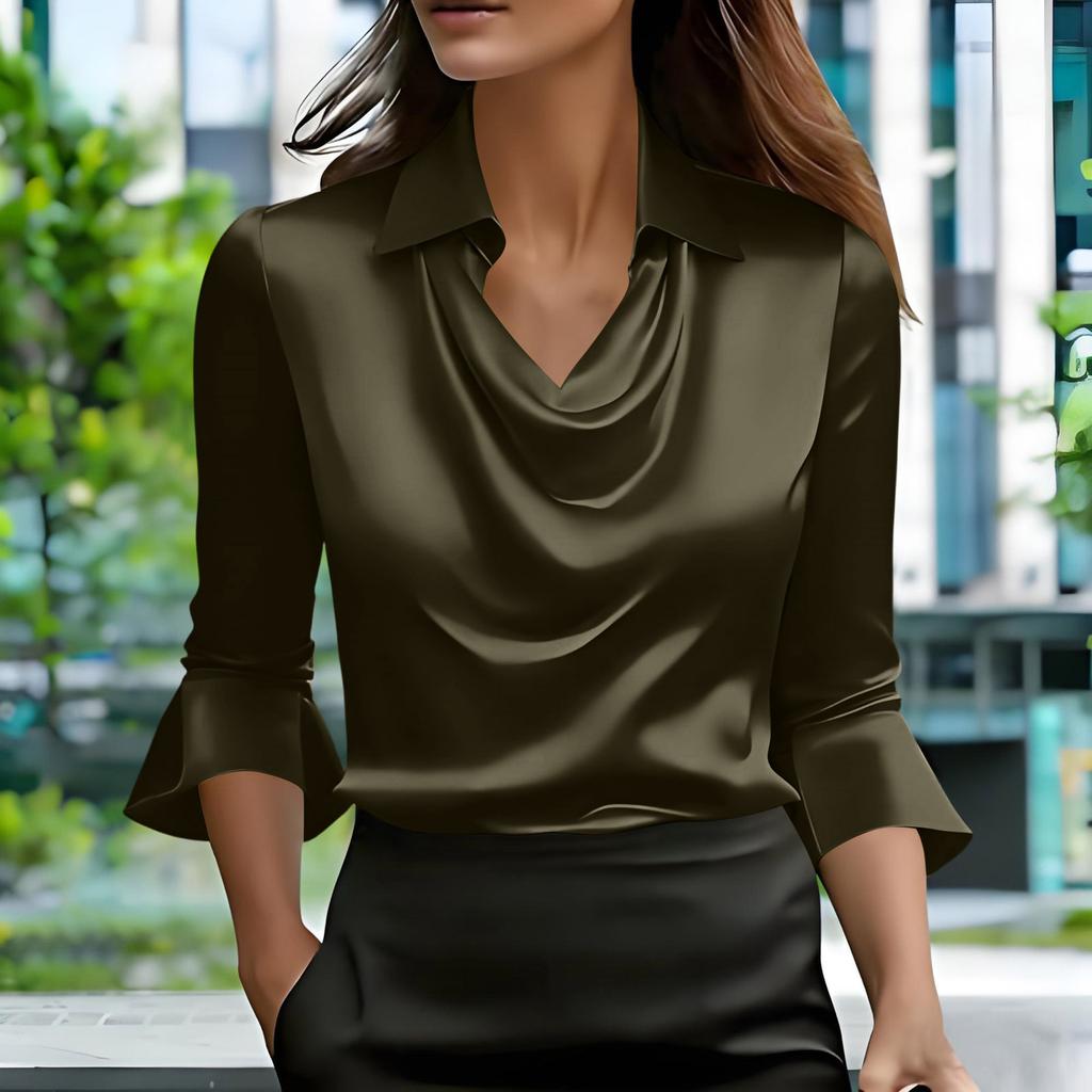 Satin Shirts For Womens Cowl Neck 3/4 Length Sleeves Dressy Fashion Pullover Tee Shirt Blouse Tops