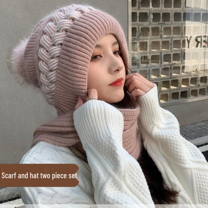 Damen Winter Wollmütze & Schal Kombi: Verdickt, Samtgefüttert, Vielseitig, Winddicht, Ohrenschützendes Strick.