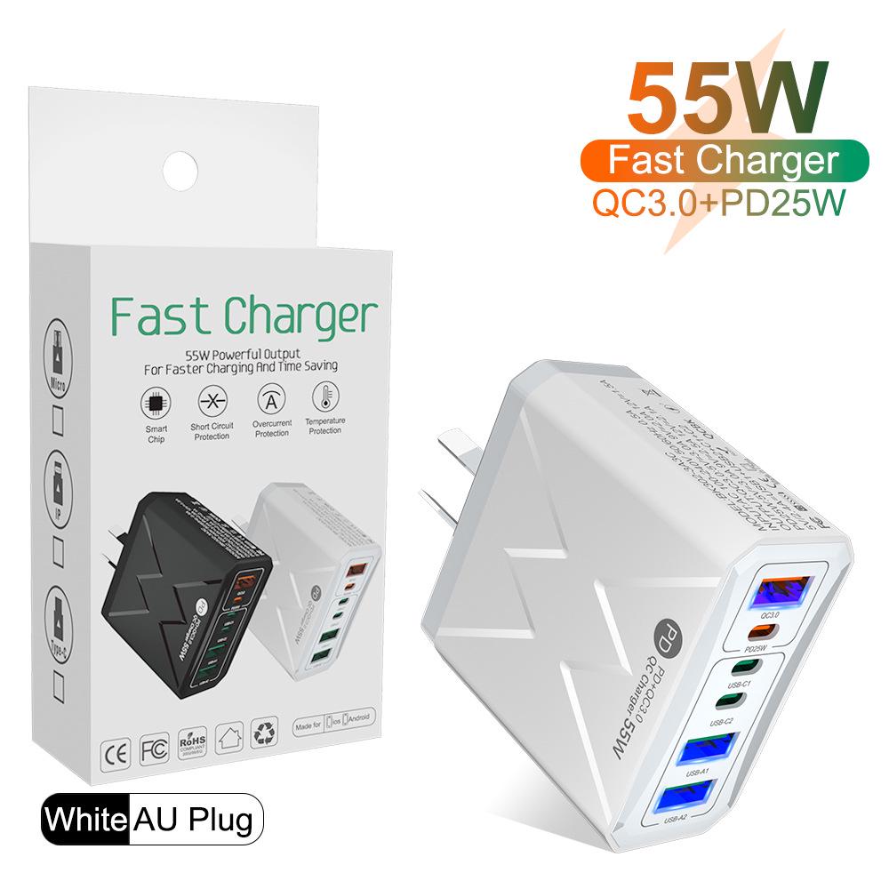 PD 25W 6-Port Fast Charger: 3 USB, 3 PD 55W with QC3.0 – EU, UK, AU Plugs