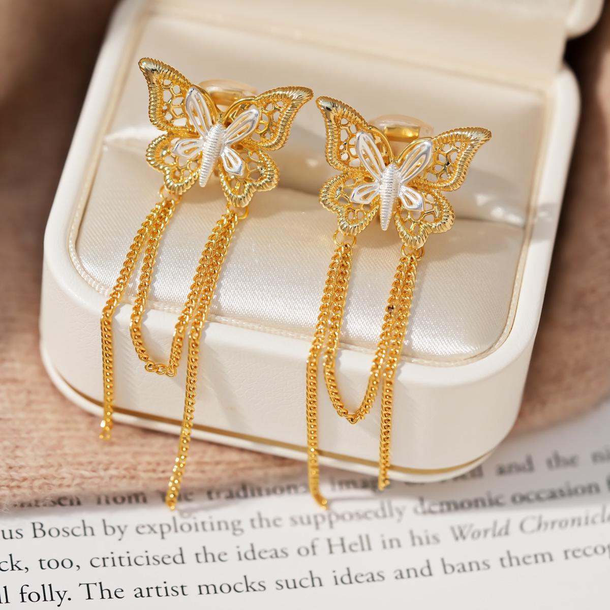 18K Gold-Plated Butterfly Tassel Ear Clips - Sweet & Luxurious Niche Earrings