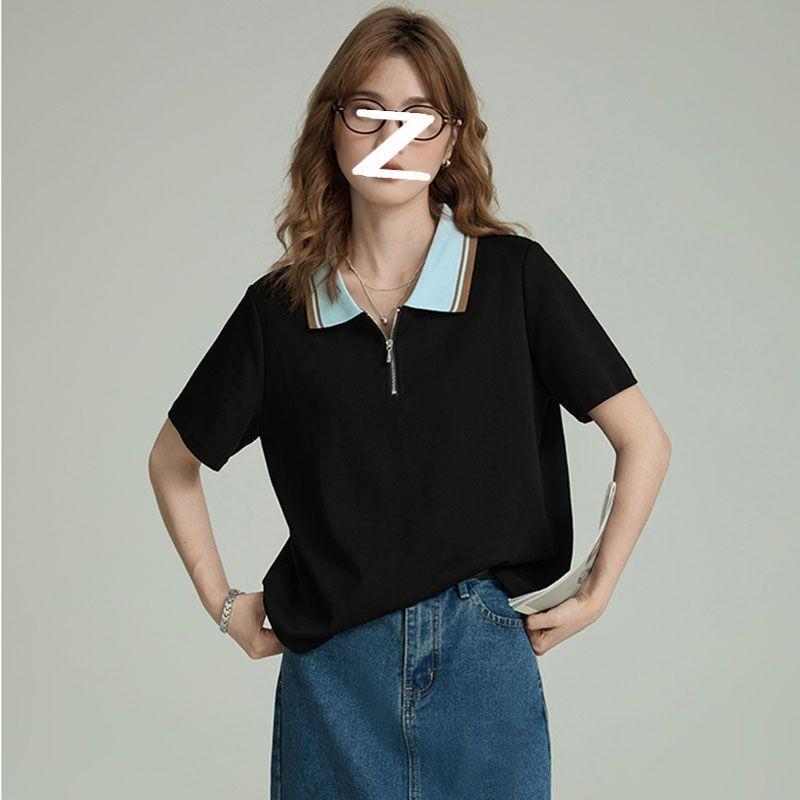 

Korean Half-zip Casual Short-sleeved T-shirt Women Loose POLO Lapel Trendy Contrasting Color Splicing Top M чорний