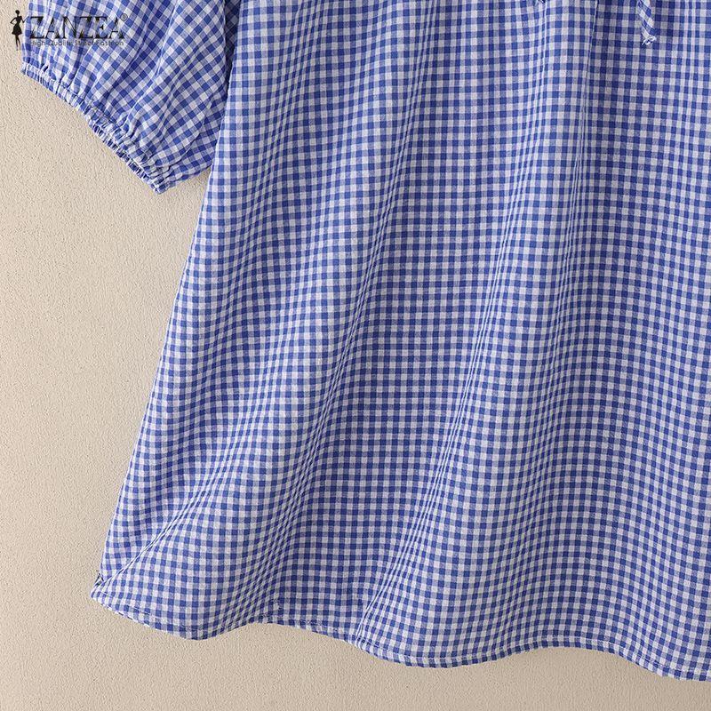 ZANZEA Women Plaid Print Casual Round Neck Half Sleeve Blouse