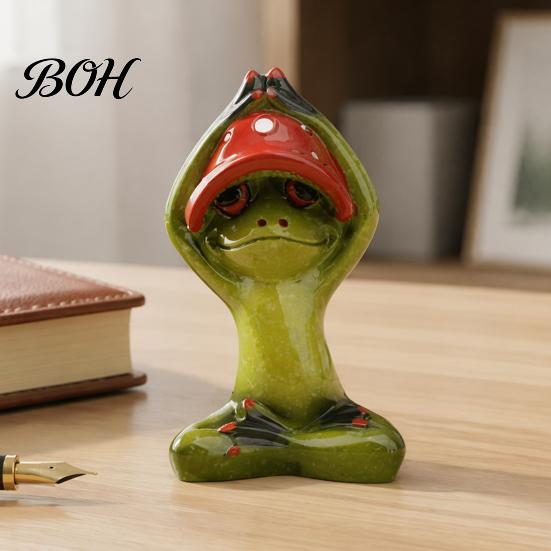 Exquisite Resin Crafts Yoga Mushroom Frog Figurine, Creative Statue, Cute Sitting Small Entrance Hall Decor Green Ornament for Home Office Shelf
