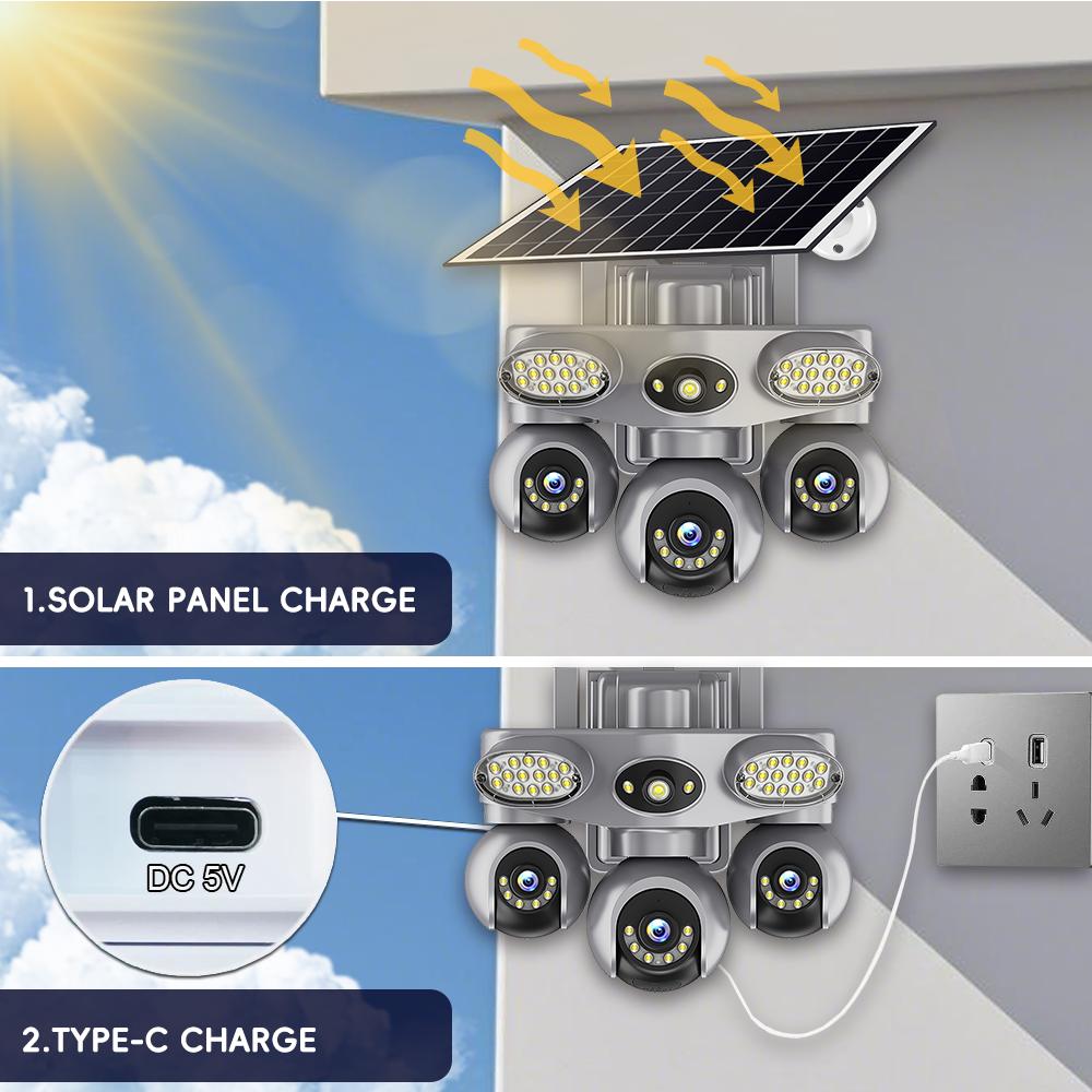 Solar PTZ Camera – 4G/WiFi Outdoor Security with 3-Screen View, Optional LED Light, 2-in-1 Surveillance & Night Lighting