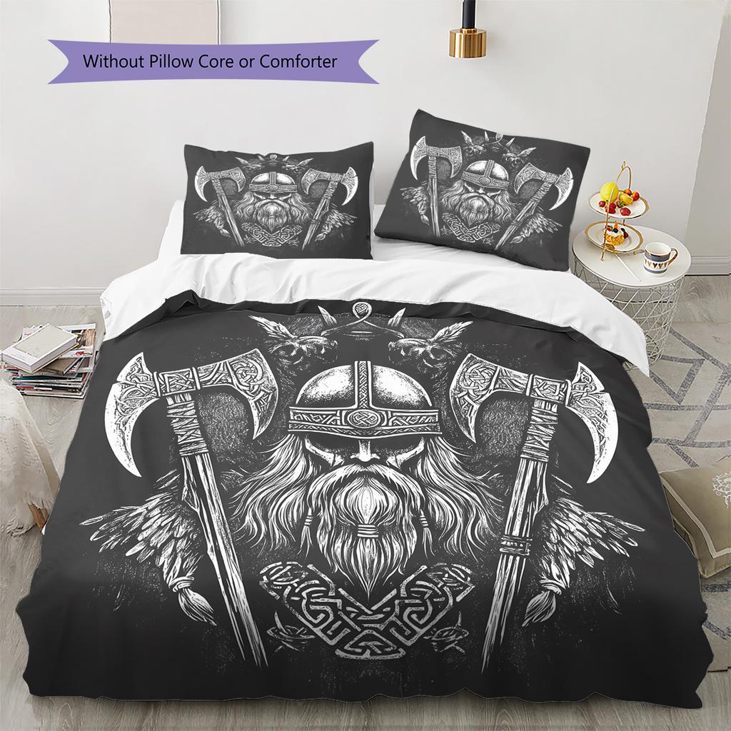 Wikinger-Krieger Muster Bettwäsche Steppdecke Set Bettbezug Kissenbezug Heimdekoration Geschenk (1 Bettbezug + 2 Kissenbezüge, ohne Füllung)