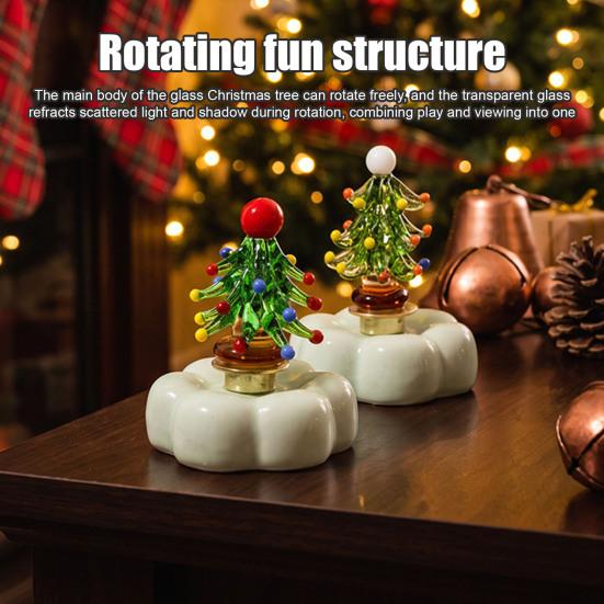 Hand Glazed Craft for Anniversary Glass Christmas Tree Figurine with Rotating Ceramic Base, Handmade Art Holiday Ornament Car Dashboard Desk Decor And