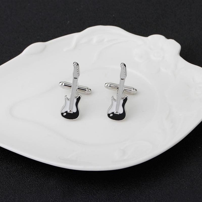 Funny Mens Guitar Shaped Enamel Cufflinks Musical Instrument Design Sleeve Button Music Fans Jewelry Silver Tone