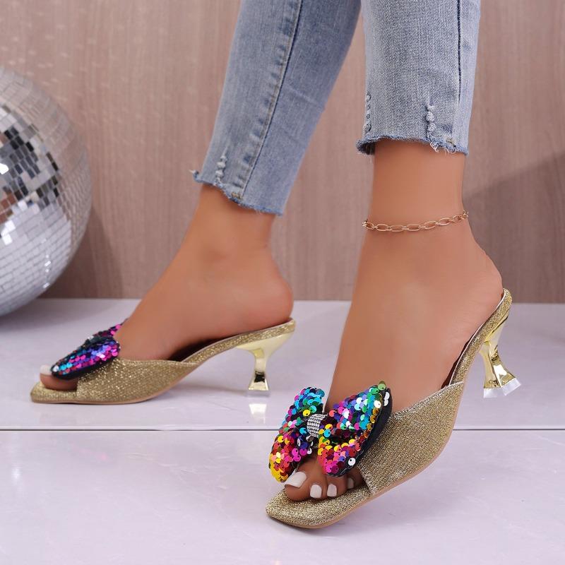 Plus Size Women's Shoes New Flip Slippers Sequin Bow High Heel Sandals