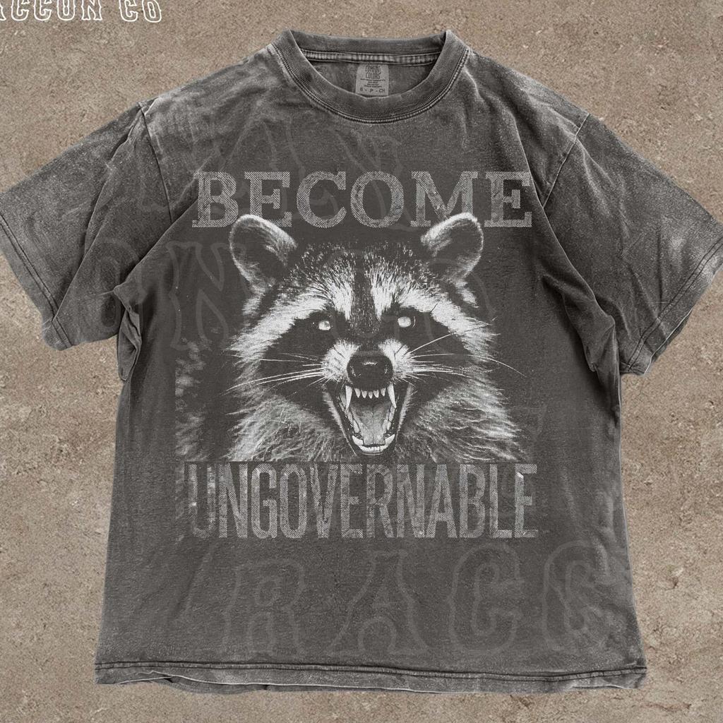 Vintage Angry Raccoon Become Ungovernable Grunge Graphic T-Shirt - Trash Panda Meme Graphic Shirt - Funny Animal Shirt - Anarchy Shirt