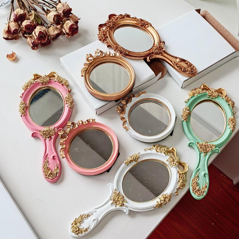 Miroir Rond Rétro avec Nœud Papillon Style Européen Miroirs Décoratifs en Anaglyphe Miroirs à Main de Style Baroque pour Femmes Décoration d'Intérieur