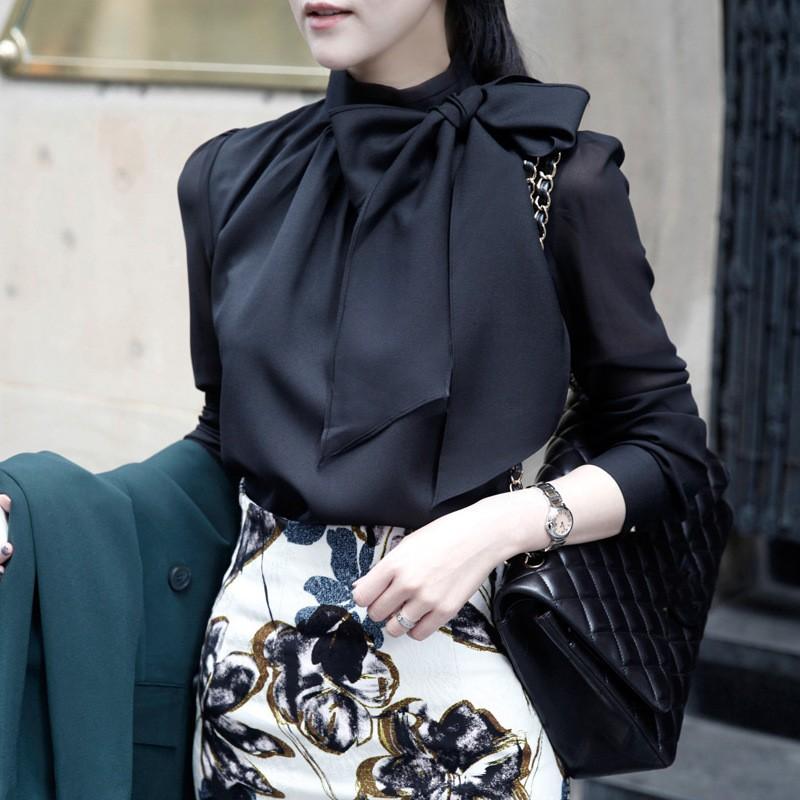 

Women Spring Summer Style Chiffon Blouses Shirts Lady Casaul Long Sleeve Bow Tie Collar Tops XXS чорний