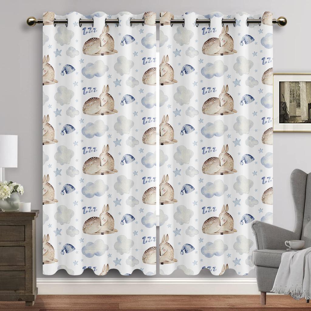 Cartoon Animals Window Curtain Living Room Watercolor Bunny Bear Eyelet Curtains Moon Print New Baby Room Drapes Free Shipping