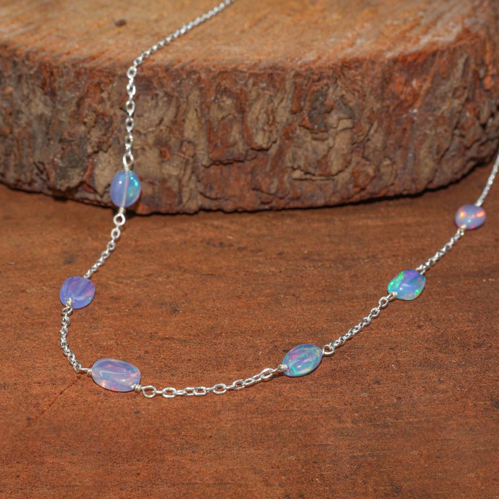 Multifire Lavender Opal Tumble Beads Chain Necklace, Genuine Ethiopian Opal Chain Necklace, Opal Delicate Jewelry for Women, Birthstone Gift