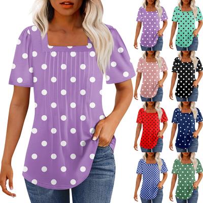 T Shirts For Women Pleated Square Neck Dressy Casual Blouses Printing Short Sleeve Summer Tops Loose Fit