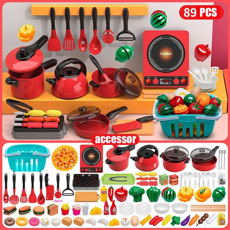 Kids Toys Pretend Play Red Kitchen Toys Simulation Food Cooking Girl's Boys Educational Play House Interactive Toys for Children