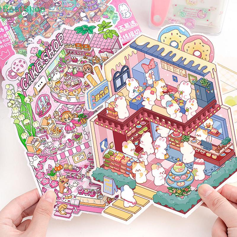 Large Miniature Scene Collection Coil Landscaping Sticker DIY Toy Game Books 3D Sticker Cabin Scene