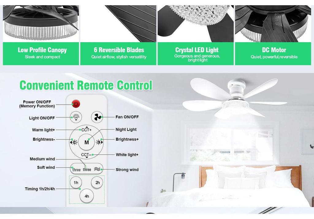 E27 Crystal Ceiling Fan Light with Remote Control - LED Six-Blade for Bedrooms