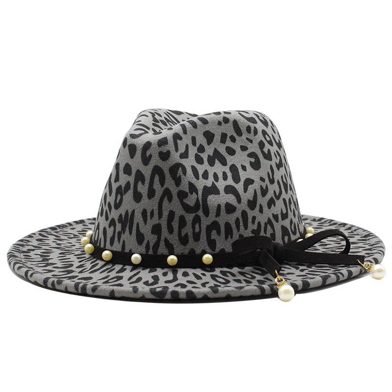 Flat-Brimmed Cornice Hat Leopard Print Pearl Bow Hat Jazz Hat Woolen Top Hat